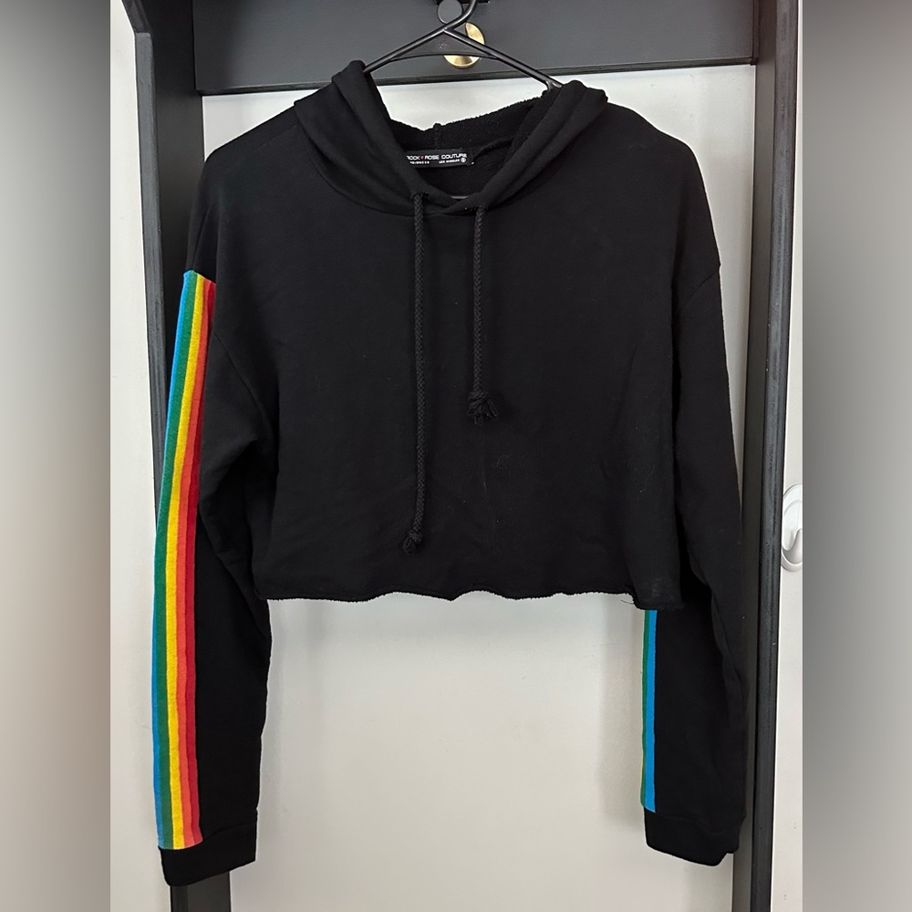 RockNRose Couture Black Crop Hooded Sweater with Rainbow Print on Sleeves Size S